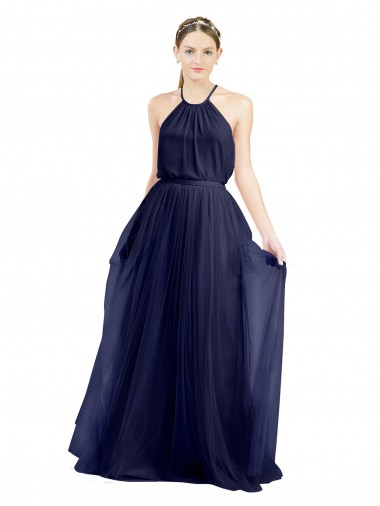 Cheap Long A-Line High Neck Halter Tulle Bridesmaid Dress