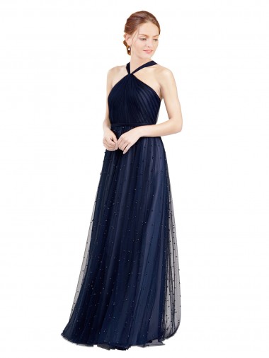 Cheap Floor Length Long Halter Pleated Tulle Bridesmaid Dress