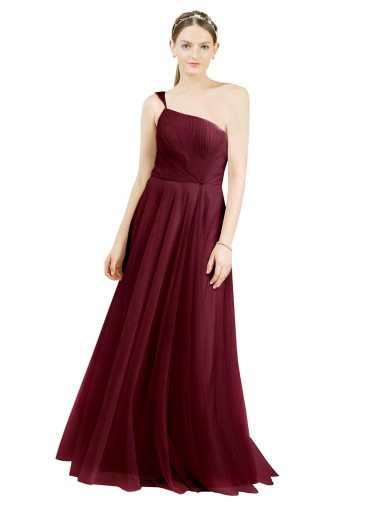 Cheap One Shoulder Floor Length Long Tulle Bridesmaid Dress