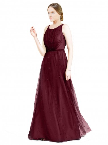 Cheap Sleeveless Boat Neck Long Pearl Tulle Bridesmaid Dress with Keyhole Back