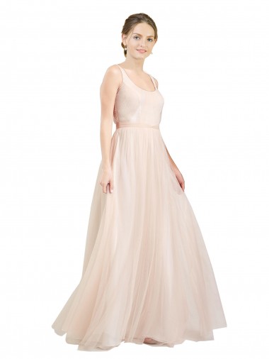 Cheap Scooped Neckline Long Tulle Bridesmaid Dress with Open Back