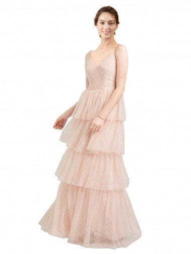 Cheap V-Neck A-Line Layered Long Tulle Bridesmaid Dress