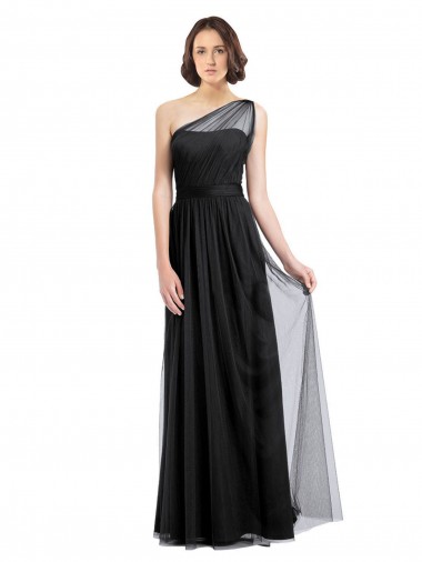 Cheap Ruched Long Soft Tulle Bridesmaid Dress with Sheer Netting Shoulder Strap