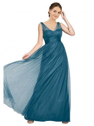 Cheap Long V-Neck Soft Tulle Bridesmaid Dress