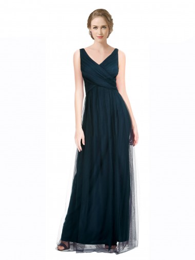 Cheap Full Length Long Tulle Bridesmaid Dress with V-Neck Criss-Cross Ruched Top