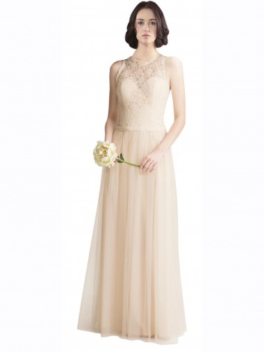 Cheap Full Length Tulle Bridesmaid Dress with Corded Lace Over Sweetheart Neckline