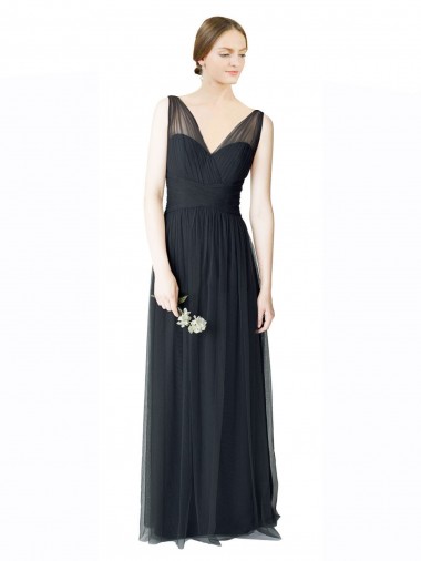 Cheap Long Tulle Bridesmaid Dress with Illusion Shoulder Straps and V-Back