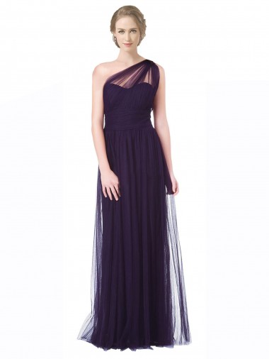 Cheap One Shoulder Long Tulle Bridesmaid Gown with Sheer Netting Strap