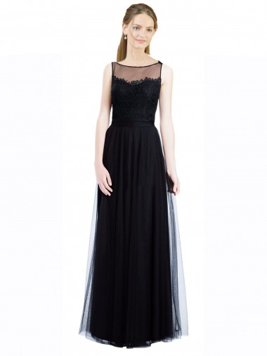Cheap Full Length Tulle Bridesmaid Dress with Lace Bodice and Soft Tulle Illusion Top