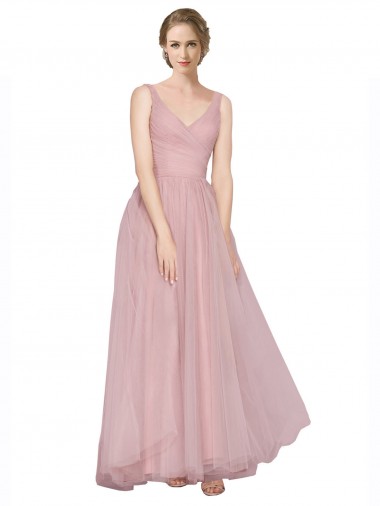 Cheap Long Floor Length Wide Strap Plunge Cross Over Neckline Tulle Bridesmaid Dress