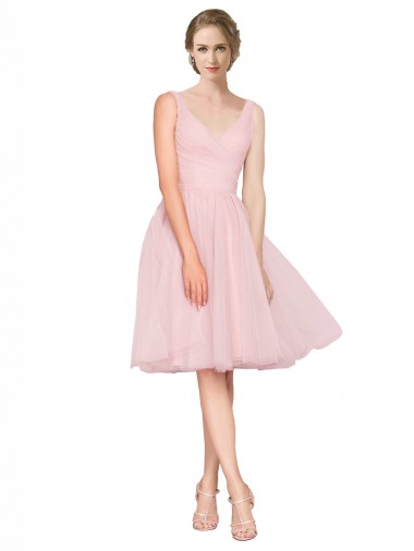 Cheap Short Knee Length Wide Strap Plunge Cross Over Neckline Tulle Bridesmaid Dress