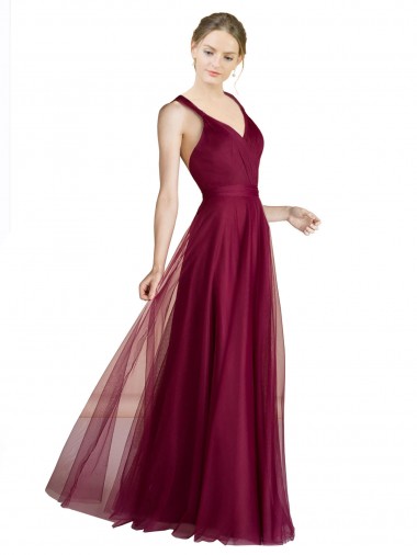 Cheap Long Sweetheart Tulle Bridesmaid Dress with Straps and Criss Cross Back