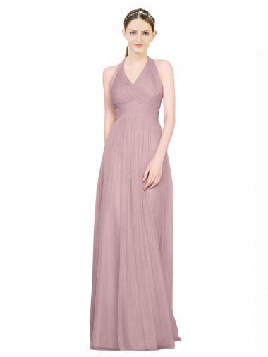 Cheap Ruffled Halter V-Neck Long Tulle Bridesmaid Dress with Pleats