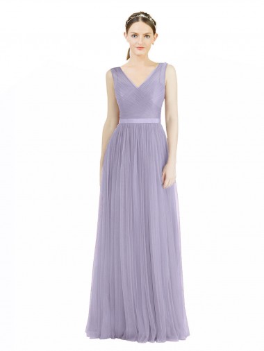 Cheap Wide Straps V-Neck Long Tulle Bridesmaids with Belt