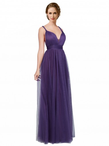 Cheap Twisted Straps Sweeheart Long Tulle Bridesmaid Dress Open Back