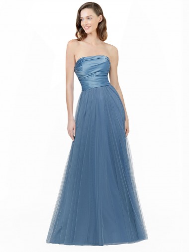 Cheap Long Strapless Bridesmaid Dress with Soft Tulle Overlay