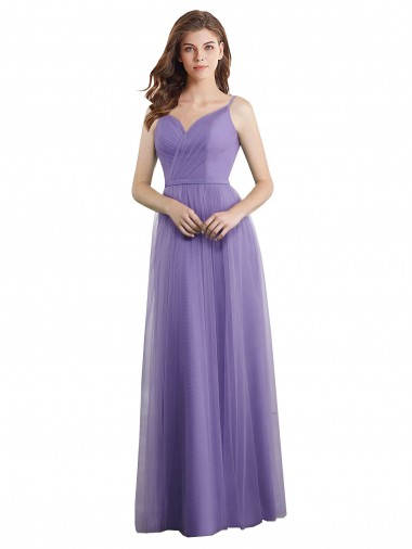 Cheap Sweetheart Deep V-Back Tulle Bridesmaid Dress with Draped Bodice
