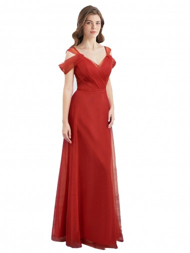 Cheap Cold Shoulder Pleated Wrap Tulle Bridesmaid Dress with Low V-Back