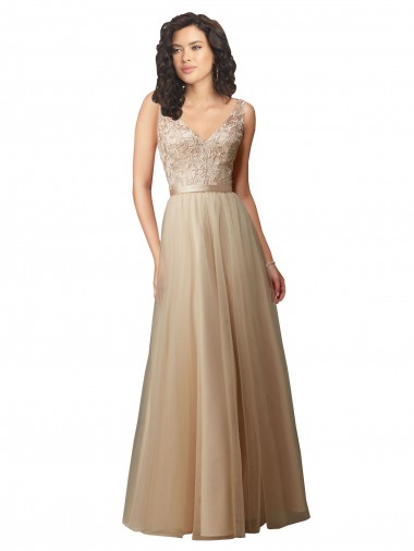 Cheap Long Tulle Bridesmaid Dress with Embroidery and Beading