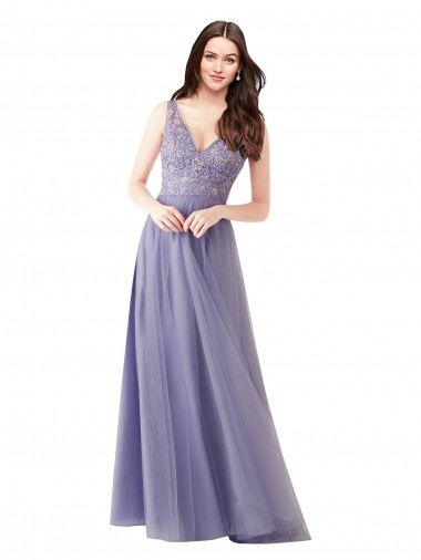 Cheap Sweetheart Tulle Bridesmaid Dress with Fully Embroidered V-Neck Bodice