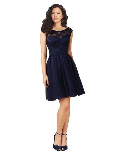 Cheap Short Bateau Neck Tulle Bridesmaid Dress with Lace Bodice