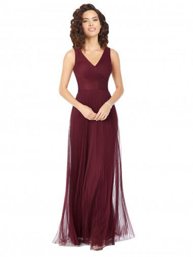 Cheap Long A-Line V-Neck Tulle Bridesmaid Dress