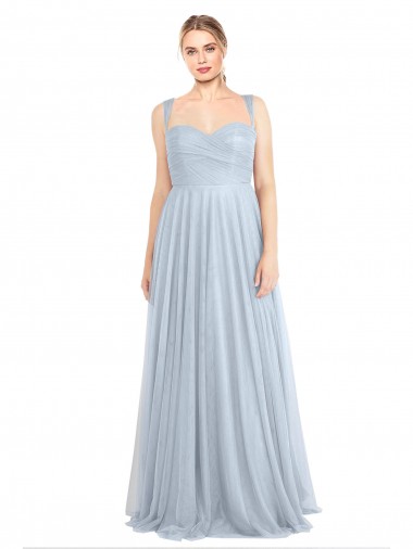 Cheap Sweetheart Spaghetti Straps Long Tulle Bridesmaid Dress with Criss Cross Back