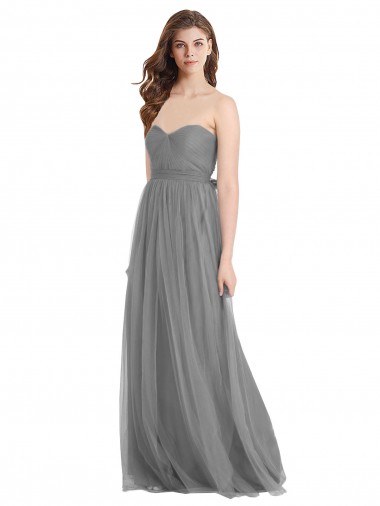 Cheap Shirred Strapless Bodice Long Tulle Bridesmaid Dress with Sweetheart Neckline