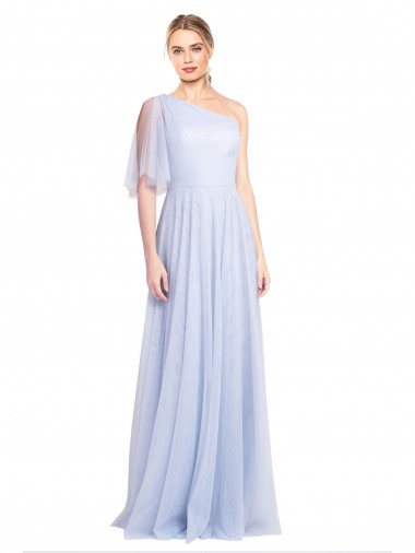 Cheap Flutter Sleeves One Shoulder Long Tulle Bridesmaid Dress