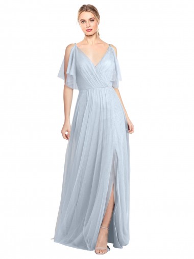 Cheap Floor Length Flutter Sleeves Long Tulle Bridesmaid Dress with Side Slit