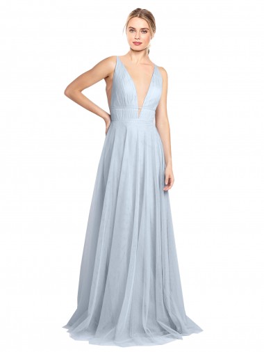 Cheap Plunging Deep V-Neck Long Tulle Bridesmaid Dress with V-Back