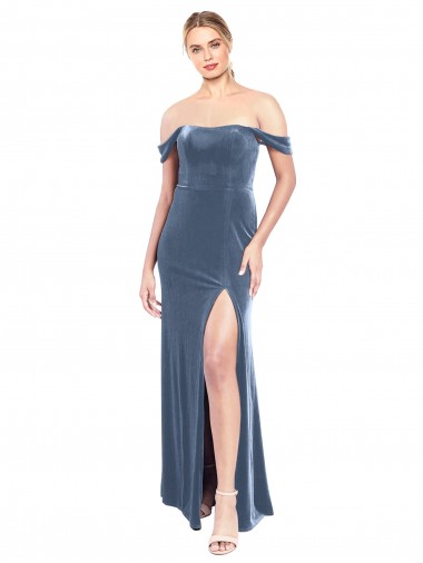Cheap Draped Sleeves Wide Scoop Neck Off the Shoulder Velvet Bridesmaid Dress