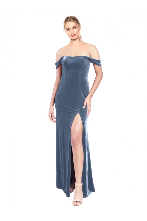 Draped Sleeves Wide Scoop Neck Off the Shoulder Velvet Bridesmaid Dress