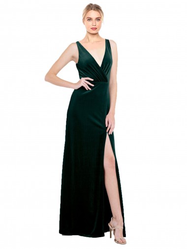 Cheap Sleek V-Neck Long Velvet Bridesmaid Dress with Side Slit