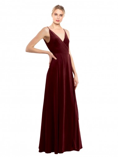 Cheap Faux Wrap V-Neck Sleek Long Velvet Bridesmaid Dress