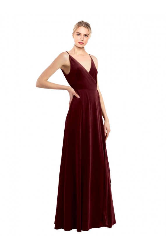Faux Wrap V-Neck Sleek Long Velvet Bridesmaid Dress