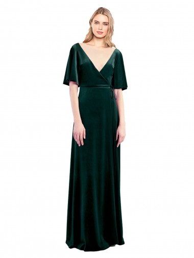 Cheap Deep V-Neck Flutter Sleeves Long Velvet Wrap Bridesmaid Dress