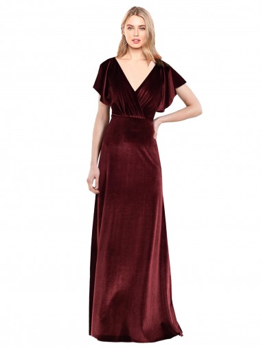 Cheap Flutter Sleeves Open Back Long Velvet Bridesmaid Dress