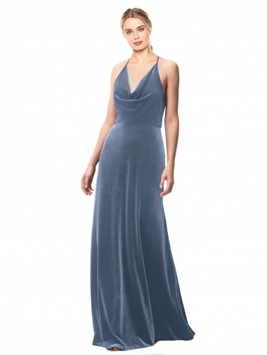 Cheap Halter Cowl Neck Long A-Line Velvet Bridesmaid Dress with Keyhole Back