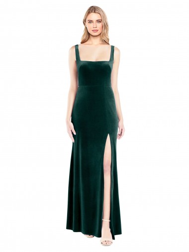 Cheap Square Neck Full Length Velvet Bridesmaid Dress with Side Slit
