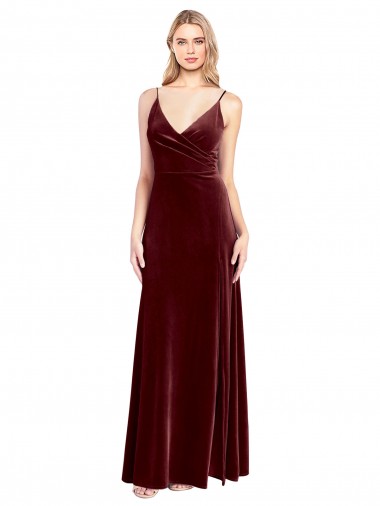 Cheap Faux Surplice Neckline Slim A-Line Long Velvet Bridesmaid Dress