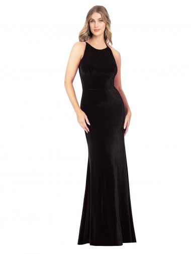 Cheap Vintage Velvet High Neck Bridesmaid Dress with Strappy Back
