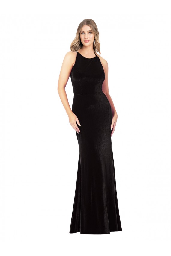 Vintage Velvet High Neck Bridesmaid Dress with Strappy Back