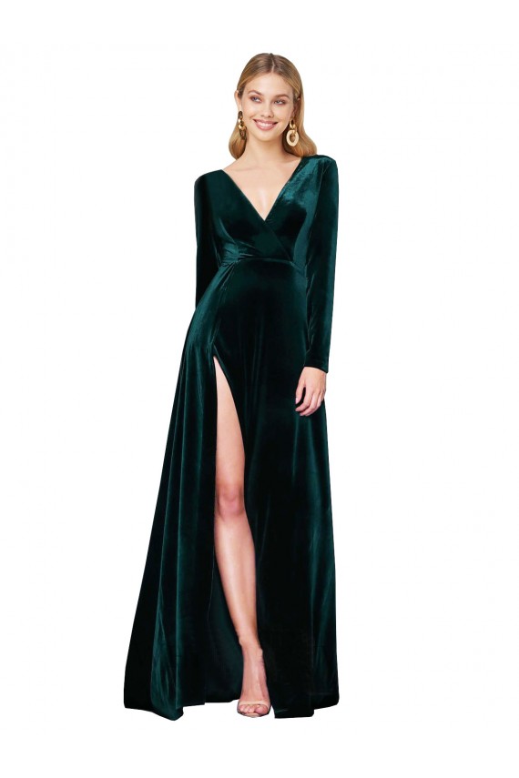 Deep V-Neck Long Sleeves Velvet Bridesmaid Dress with High Side Split