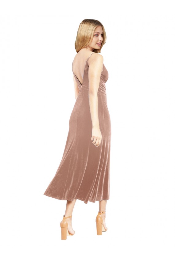 Midi Length Short V-Neck Velvet Bridesmaid Dress with Notched Neckline
