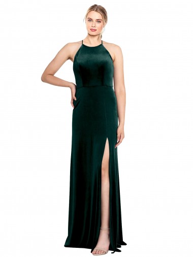 Cheap Long Jewel Neck Full Length Velvet Bridesmaid Dress with Side Slit