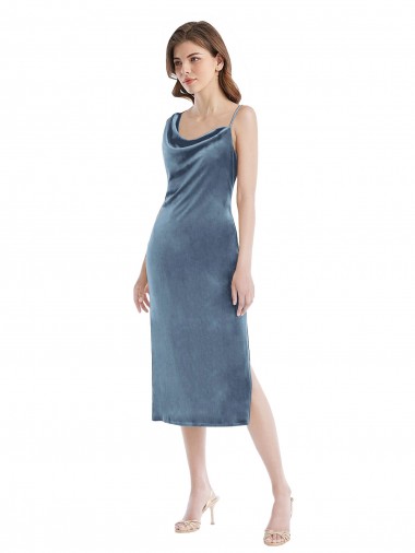 Cheap Midi Length Asymmetrical One Shoulder Velvet Slip Bridesmaid Dress