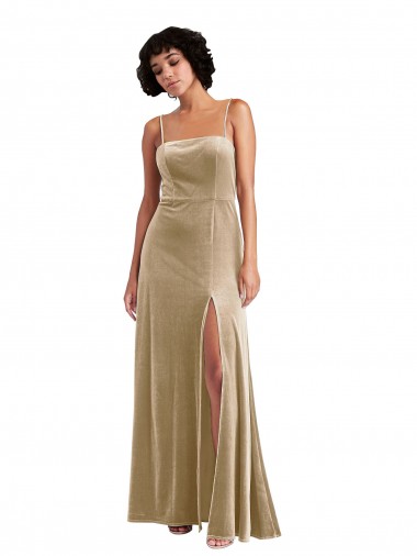 Cheap Square Neck Velvet Maxi Bridesmaid Dress with Front Slit