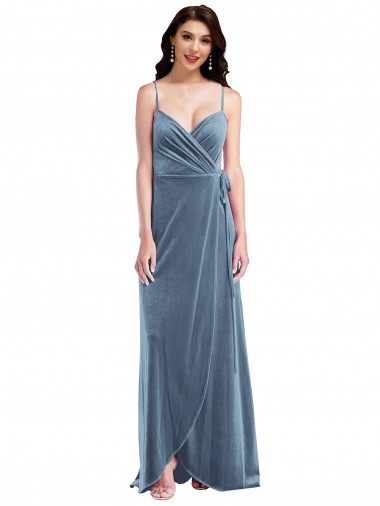 Cheap Velvet Wrap Maxi Bridesmaid Dress with Pockets
