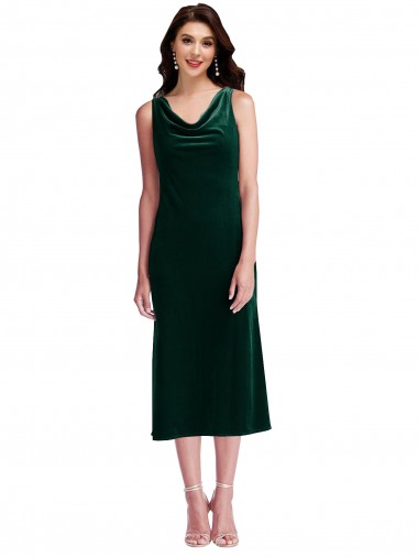 Cheap Cowl Neck Velvet Midi Bridesmaid Dress